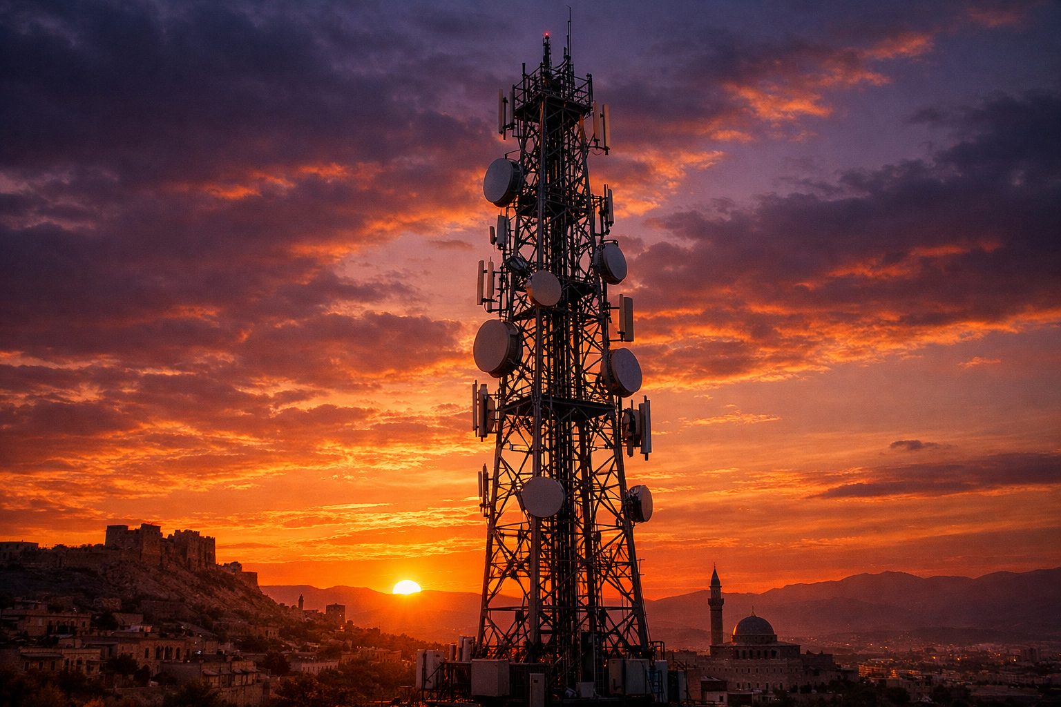 Telecom tower against sunset sky